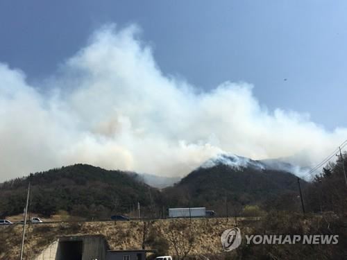 충남 아산 설화산이 지난 4일 발생한 산불로 연기에 뒤덮혀 있다. 연합뉴스.