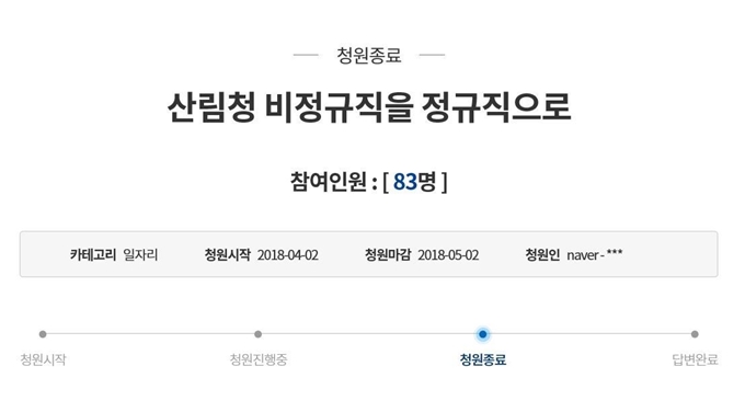 지난해 4월 올라온 '특수진화대 정규직 전환' 청원. 청와대 국민청원 홈페이지 캡처