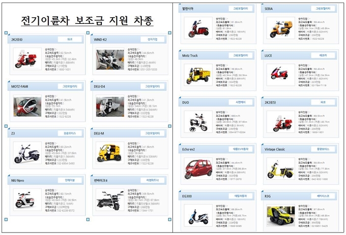 전기 이륜차 보조금 지원 차종. 전기차 구매보조금 지원시스템(http://ev.or.kr) 발췌.