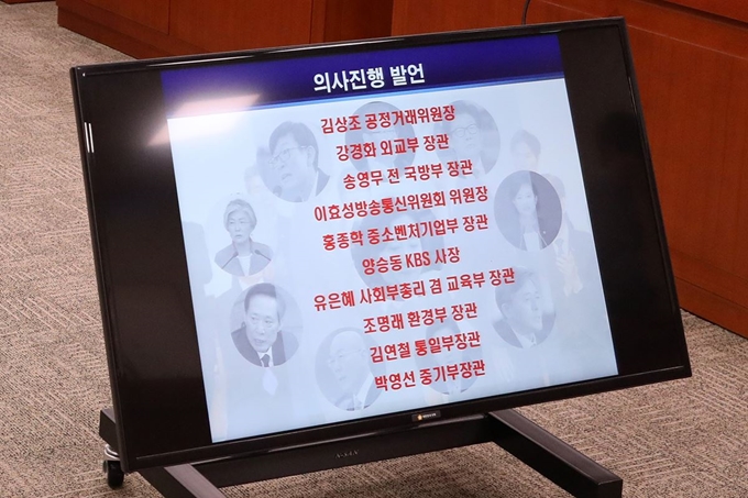 지난 9일 오전 국회에서 열린 문형배 헌법재판관 후보자 인사청문회에서 청문보고서 채택 없이 임명된 문재인 정부 장관들의 이름이 화면에 나오고 있다. 뉴스1