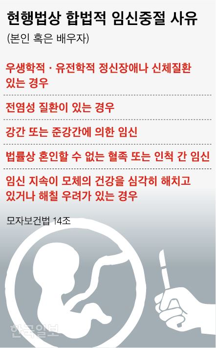 현행법상 합법적 임신중절 사유. 그래픽=신동준 기자