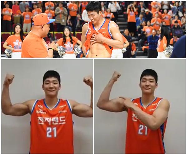 웨이트 트레이닝 중독으로 근육질 몸을 뽐내는 전자랜드 이대헌. KBL 제공, 전자랜드 페이스북 캡처