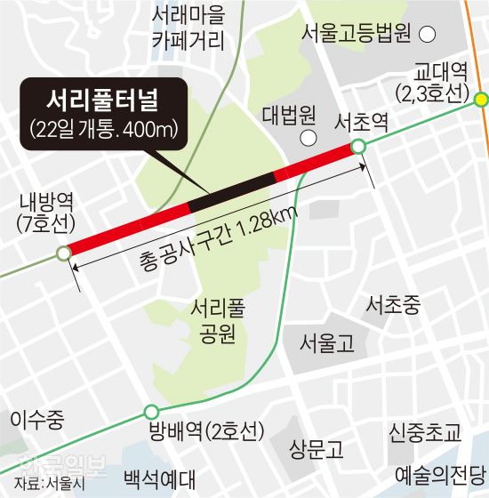 22일 개통하는 서리풀터널. 그래픽=김문중 기자