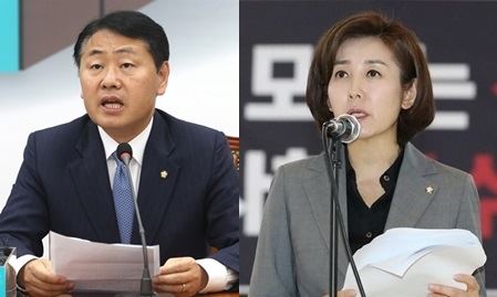 김관영 바른미래당 원내대표가 24일 오전 서울 여의도 국회에서 열린 제7차 최고위원 중진의원 연석회의에서 모두발언을 하고 있다.(왼쪽사진) 나경원 자유한국당 원내대표가 같은 날 오전 국회 로텐더홀에서 열린 비상의원총회에서 선거법·공수처법 철회를 촉구하는 규탄 발언을 하고 있다. 뉴스1, 연합뉴스