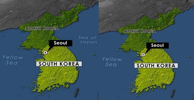 BTS가 출연한 미국 CBS ‘선데이 모닝’이 동해를 ‘일본해’로 표기한 지도를 사용했다가 논란이 일자 이를 삭제했다. 왼쪽이 일본해가 표기된 원본, 오른쪽이 표기가 삭제된 수정본이다. 선데이 모닝 유튜브 캡처