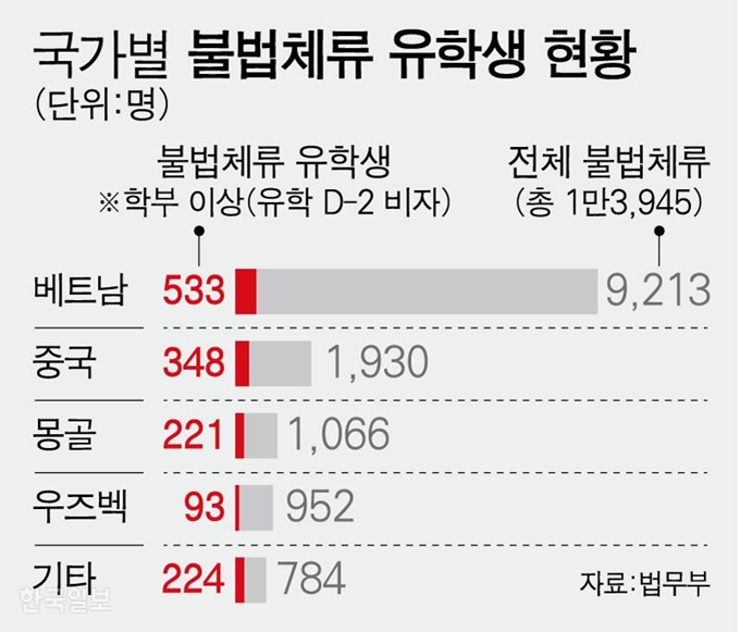 [저작권 한국일보] 국가별 불법체류 유학생 현황. 강준구 기자