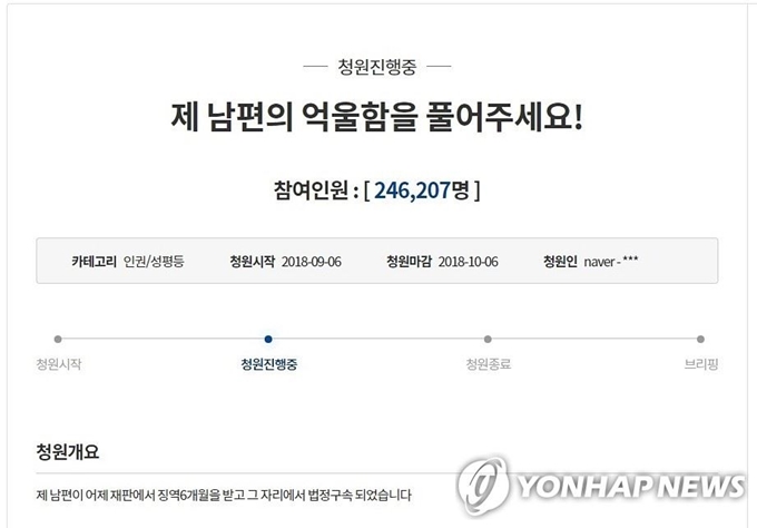 청와대 국민청원 홈페이지에서 캡처한 '남편 강제추행 억울' 국민청원 화면. 연합뉴스