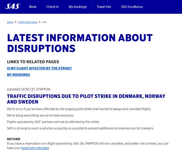 스칸디나비아항공 조종사 파업으로 운행이 난항을 겪고 있는 가운데 스칸디나비아항공 홈페이지에서 운행 지장 여부를 공지하고 있다. 스칸디나비아항공 홈페이지 캡처