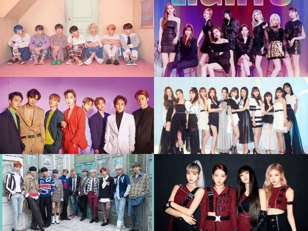 (왼쪽 위부터 시계방향) 방탄소년단, 트와이스, 아이즈원, 블랙핑크, 워너원, 엑소의 높은 음반 판매량이 가요계에 어떤 영향을 미칠까. 각 소속사 제공