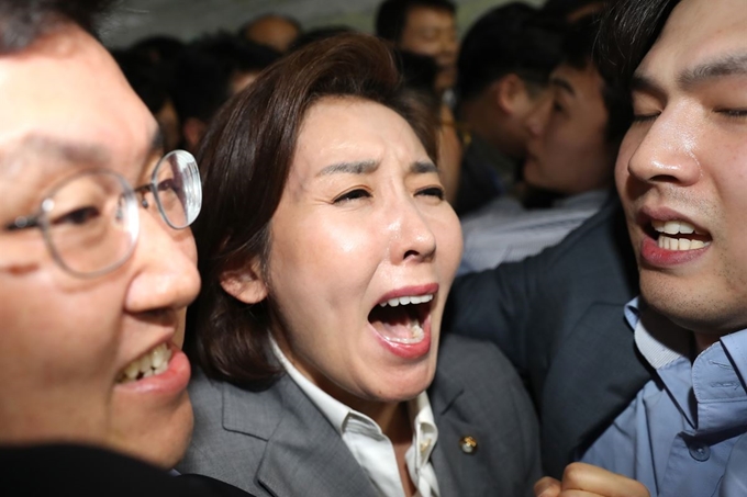 나경원 자유한국당 원내대표가 25일 오후 서울 여의도 국회 의안과 앞에서 몸싸움에 휘말려 비명을지르고 있다. 뉴스1