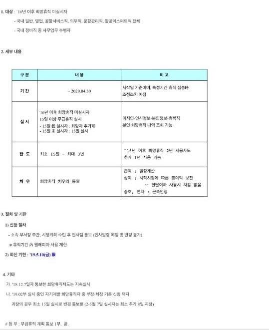 아시아나항공이 직원들에게 발송한 무급 휴직 제도 실시 공지.