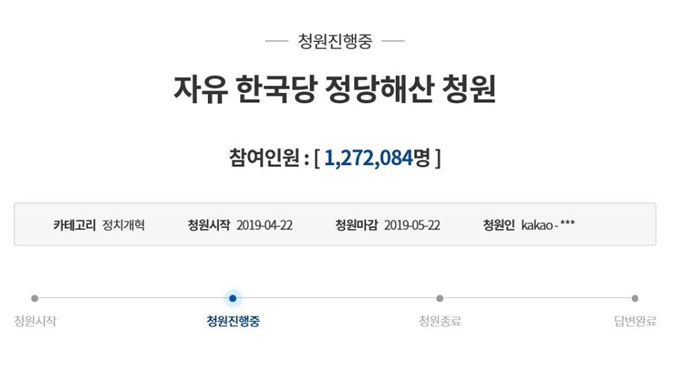 자유한국당을 해산해달라는 청와대 국민청원이 30일 127만 명을 돌파했다. 청와대 국민청원 홈페이지 캡처