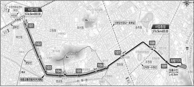 수원시가 지난해 추진하겠다고 밝힌 수원트램 노선도. 당초에는 수원역에서 장안구청까지였지만 이번에 내놓은 노선은 북수원환승센터(건립예정)까지 연장하는 노선을 새롭게 내놓았다. 수원시 제공