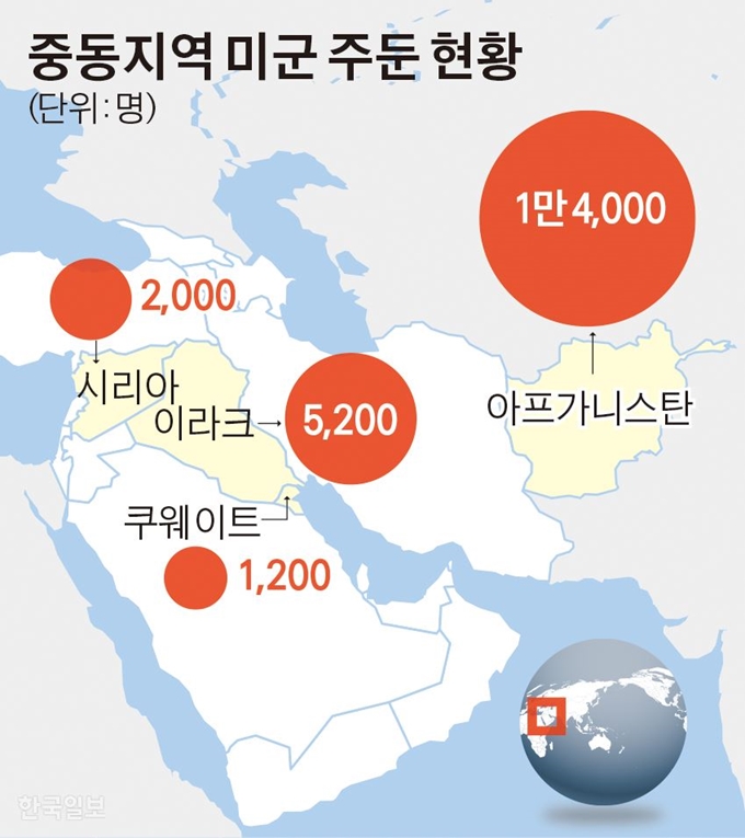 중동지역 미군 주둔 현황. 그래픽=김경진 기자