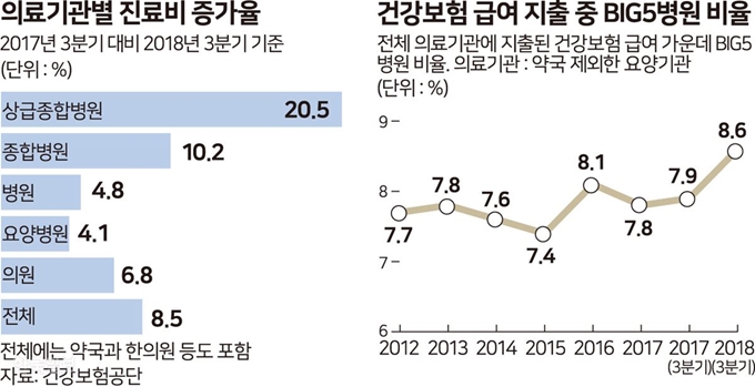 의료기관별 진료비 증가율 및 건강보험 급여 지출 중 BIG5 병원 비율. 그래픽=송정근 기자