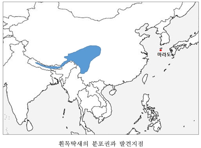 지난달 제주 서귀포시 마라도에서 발견된 흰목딱새의 분포권과 국내 발견 지점. 국립생물자원관 제공