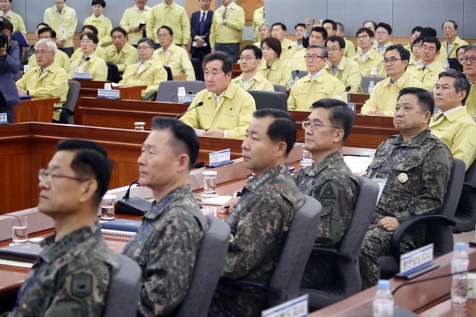 이낙연 국무총리가 14일 정부서울청사에서 열린 2019년 을지태극연습 준비보고대회를 주재하고 있다. 연합뉴스