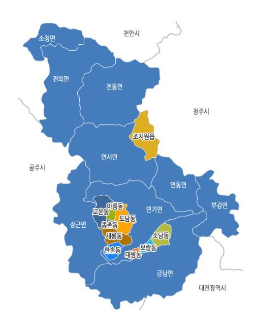 세종시 행정구역 지도. 내년 제21대 총선에선 현재 1개인 지역구가 남측 일부 신도심과 구도심, 북측 일부 신도심과 구도심 등으로 분구될 것으로 보인다. 세종시 제공.