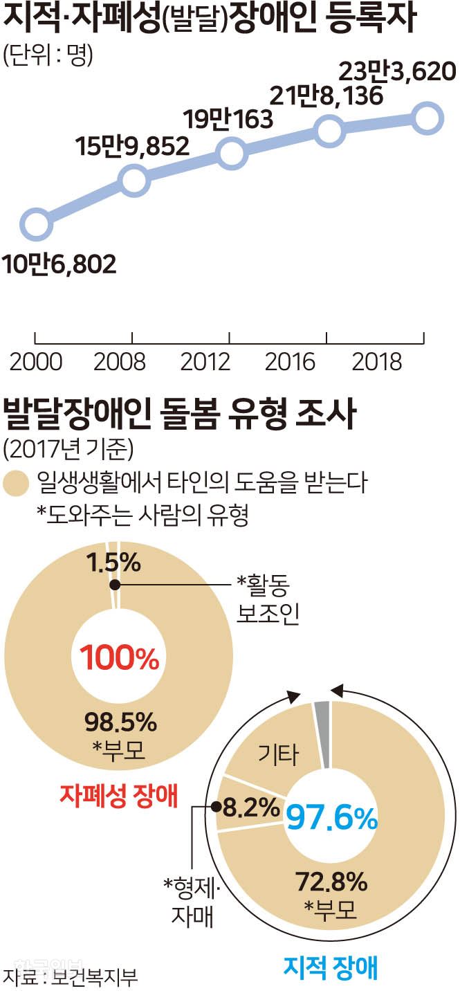 지적ㆍ자폐성 장애인 등록자 추이 및 발달장애인 돌봄 유형 조사 결과. 그래픽=송정근 기자