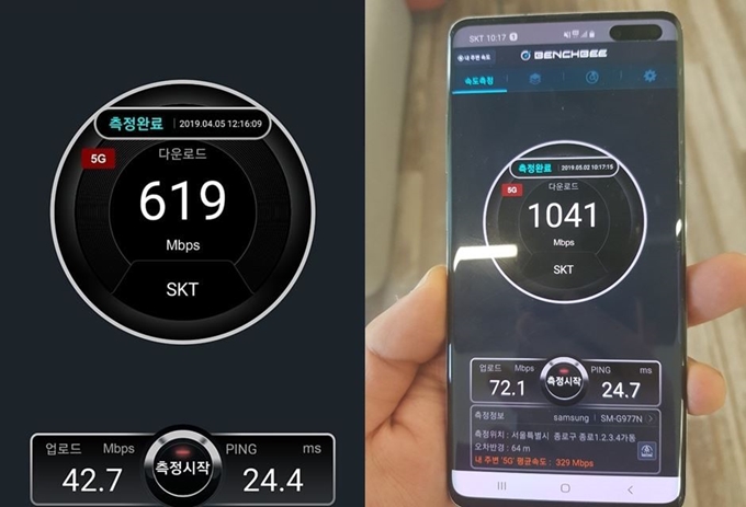 서로 다른 SK텔레콤 가입자들이 4월 5일(왼쪽 사진)과 5월 2일 각각 '벤치비' 앱으로 5G 속도를 측정한 결과 각각 619Mbps, 1,041Mbps(1.02Gbps)로 큰 차이를 보이고 있다. 휴대폰 커뮤니티 캡처