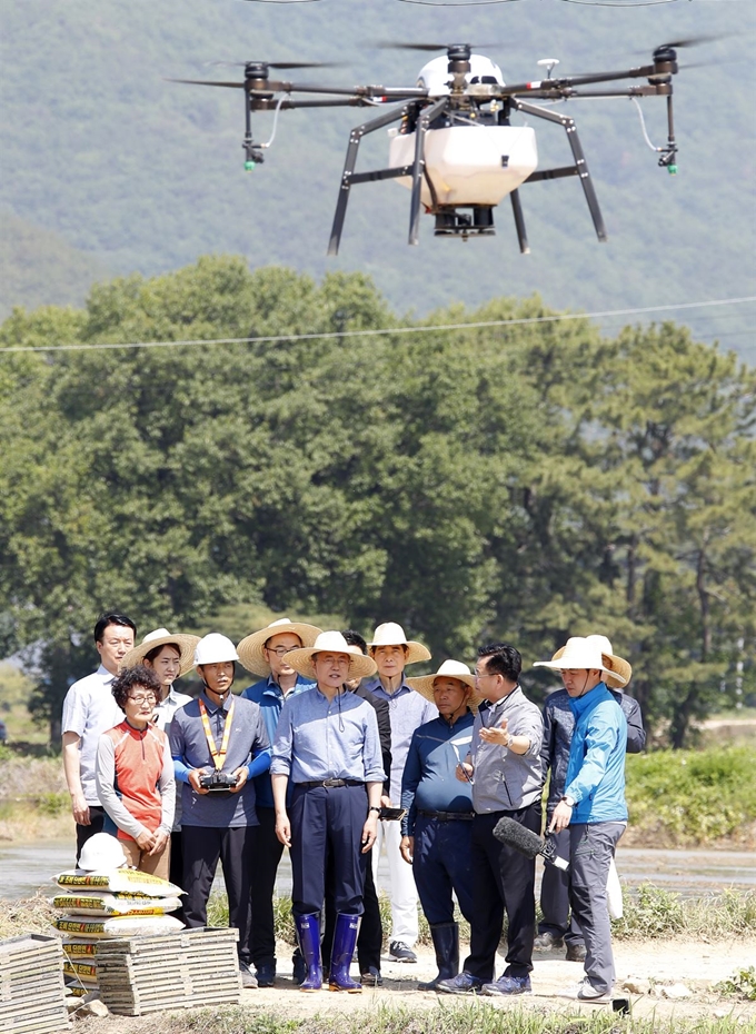 0문재인 대통령이 24일 오전 경북 경주시 옥산마을을 방문, 모내기 현장에서 드론을 이용해 비료 살포하는 모습을 살펴보고 있다. 연합뉴스