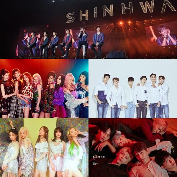 (윗줄) 신화, (왼쪽 위부터 시계방향) 소녀시대, 2PM, 빅스, EXID가 ‘따로 또 같이’ 활동을 펼친다. 신화컴퍼니, SM, JYP, 젤리피쉬, 바나나컬쳐 제공