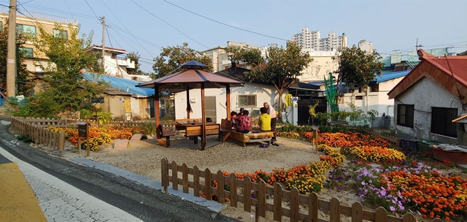 빈집을 허물고 조성한 대전 중구 용두동의 꽃밭 쉼터에서 주민들이 담소를 나누고 있다. 대전 중구 제공