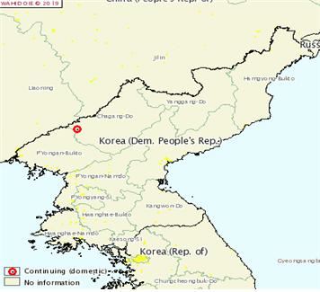 북한의 아프리카돼지열병 발생 지역. 세계동물보건기구 제공