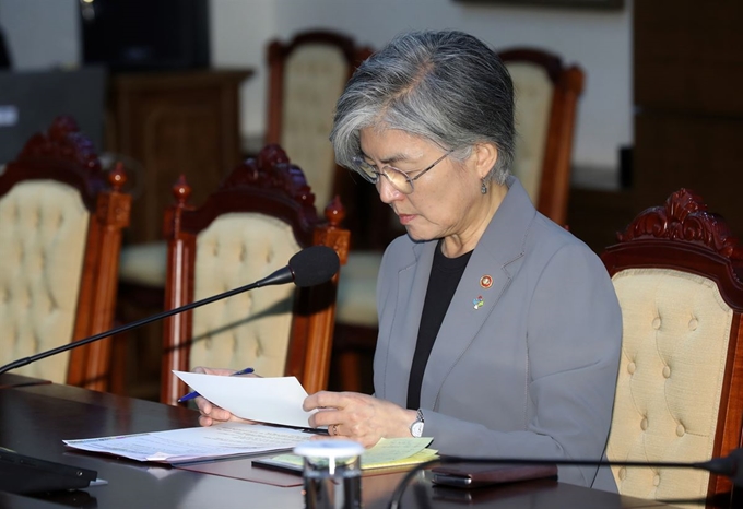 강경화 외교부 장관이 3일 청와대 여민관에서 문재인 대통령에게 헝가리 유람선 관련 보고를 하기전 자료를 살펴보고 있다. 청와대사진기자단