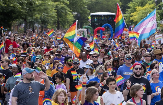 지난 8일 미국 워싱턴DC에서 열린 성소수자 프라이드 퍼레이드에 참가한 시민들이 성소수자(LGBT)를 상징하는 무지개색 깃발을 흔들고 있다. 워싱턴DC=EPA 연합뉴스