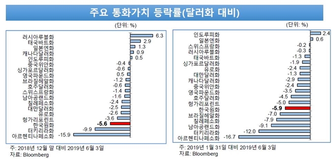 달러화 대비 주요 통화가치 등락률. 한국 원화의 가치는 2018년 말과 비교했을 때 달러화 대비 가치가 5.6% 떨어져 20개 통화 가운데 세번째로 큰 절하율을 보였다. 대외경제정책연구원 발표자료