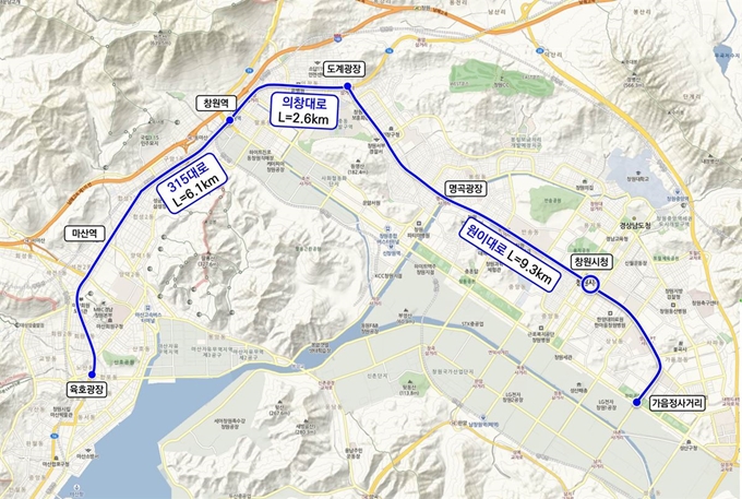 창원시 간선급행버스체계(BRT) 도입 검토 구간. 창원시 제공