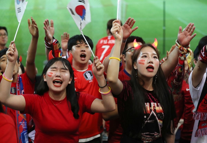 16일 오전 서울 마포구 상암월드컵경기장을 찾은 시민들이 폴란드에서 열린 '2019 국제축구연맹(FIFA) U-20 월드컵' 결승전 대한민국과 우크라이나의 경기를 보며 응원하고 있다. 뉴스1