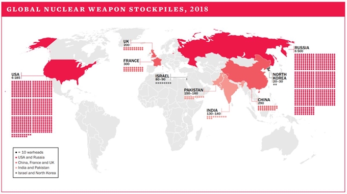 스웨덴 스톡홀름국제평화연구소(SIPRI)가 17일 공개한 ‘2019년 연감’ 내 전세계 핵탄두 보유수를 나타낸 지도. 스톡홀름국제평화연구소 연감 캡처