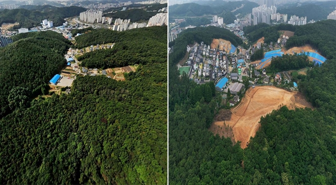 경기 용인시 기흥구 한 전원 마을을 2009년 촬영한 사진(왼쪽)과 10년이 지난 19일 촬영한 사진이 대조적이다. 울창했던 산림은 사라졌고 그 자리에 주택 단지가 정상 부근까지 조성돼 있거나 부지 조성을 위해 파헤쳐진 채 방치되고 있다. 네이버지도 항공뷰ㆍ드론 촬영