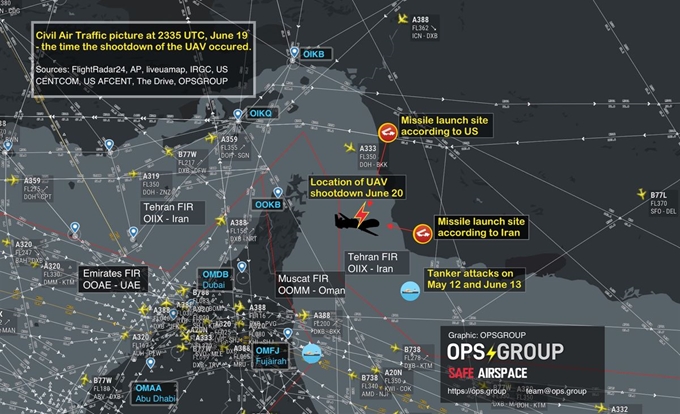 미국 무인기 격추 당시 주변 공역 항공기 운항 상황. 지도 윗쪽에 인천공항(ICN)을 떠나 아랍에미리트 두바이국제공항(DXB)로 향하는 에어버스 A380-800 여객기의 항적이 보인다. OPS그룹 홈페이지 캡처