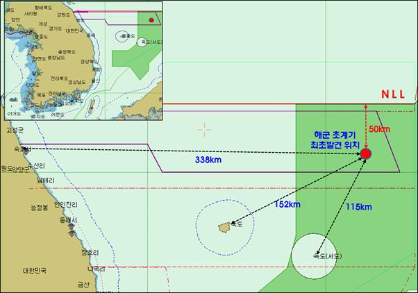 22일 해경과 해군에 의해 퇴거된 북한어선 발견 위치. 해양경찰청 제공
