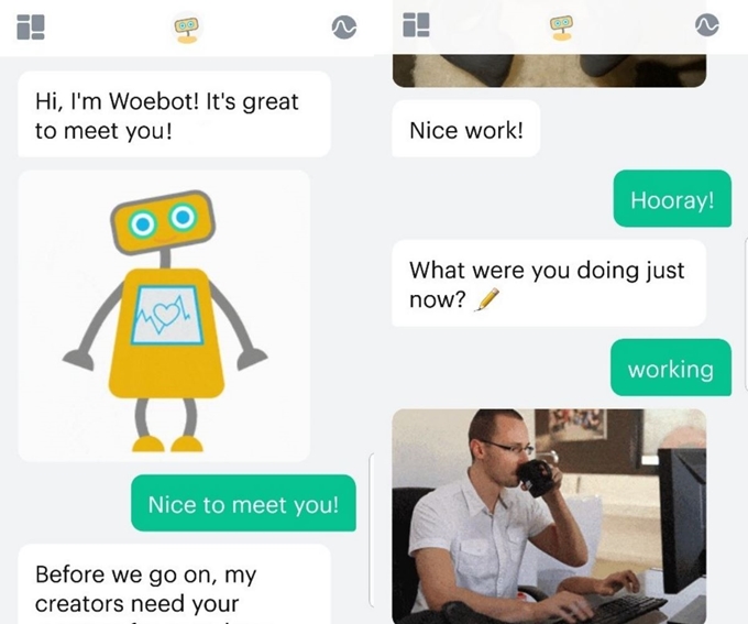 인공지능 심리상담 챗봇 워봇(Woebot)은 사용자에게 친근하게 말을 걸고, 상황에 맞춰 적절한 밈(meme)과 이모티콘을 사용해 대화를 이어간다. 워봇 애플리케이션 캡쳐