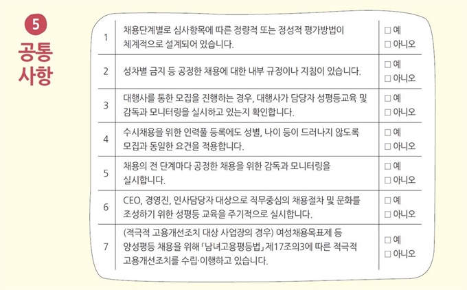 여성가족부가 발간한 '성평등 일자리, 차별 없는 채용이 만듭니다!’ 안내서의 가이드라인 중 전 단계 공통사항 부분. 여성가족부 제공.