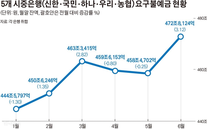 5개 시중은행(신한 ㆍ국민ㆍ하나ㆍ우리 ㆍ농협) 요구불예금 현황/김경진기자