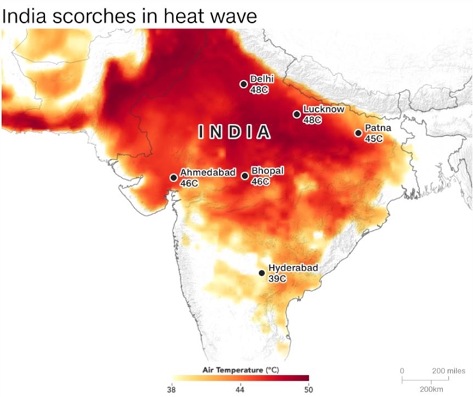 지난달 10일 나사가 관측한 인도의 열파. CNN 캡처