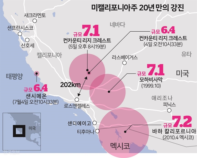 미 캘리포니아주 강진. 그래픽=송정근 기자