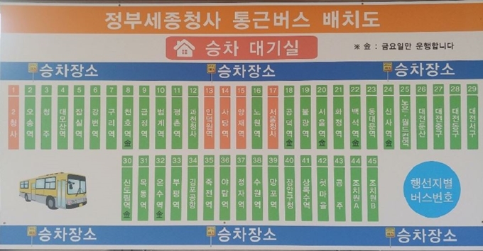 정부세종청사 통근버스 배치도.