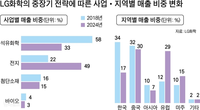 LG화학의 중장기 전략에 따른 사업ㆍ지역별 매출 비중 변화. 그래픽=박구원 기자