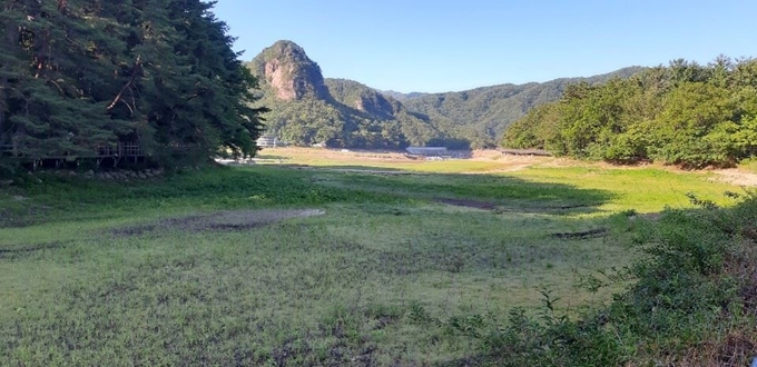 호 수 물이 말라 무성한 잡초와 함께 바닥을 드러낸 포천 산정호수. 전국농민회경기도연맹