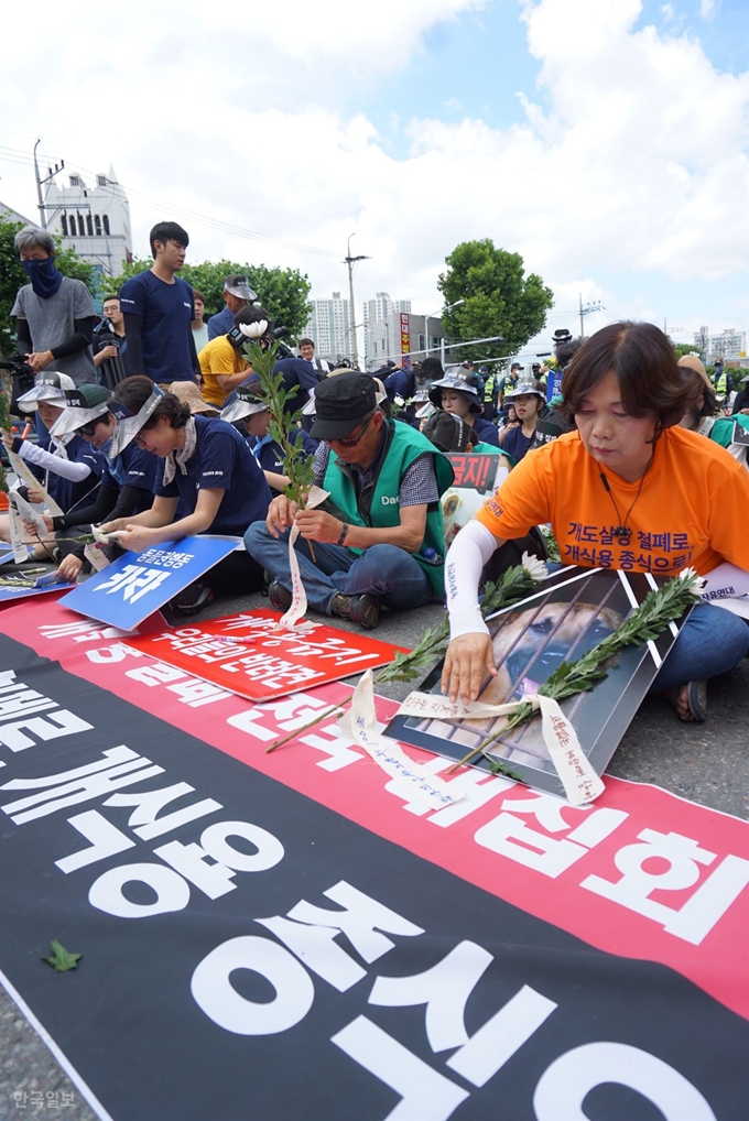 동물보호 시민단체 회원들이 12일 대구 북구 칠성119지역대 앞에서 국화 꽃에 추모 글씨를 쓰고 있다.