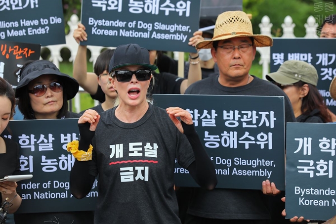 영화배우 킴 베이싱어가 서울 여의도에서 12일 열린 '2019복날추모행동'에 참석해 발언하고 있다. 동물해방물결 제공