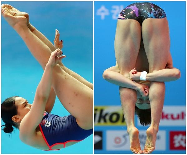 한국 다이빙의 김수지(왼쪽)와 우하람이 13~14일 광주 남부대 시립국제수영장에서 열린 2019 광주세계수영선수권대회 다이빙 1m 스프링보드 결승에서 연기를 하고 펼치고 있다. 광주=연합뉴스