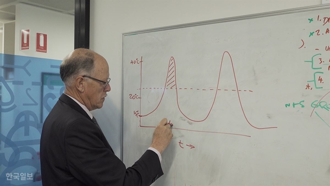 호주 ‘국가 폭염 프로젝트(National Heatwave Project)’ 총괄책임을 맡고 있는 사우스오스트레일리아주 기상청 존 나린 국장이 지난 달 18일 취재진에게 최저온도와 온열질환의 상관관계를 설명하고 있다. 김창선 PD.