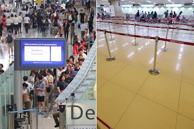 본격적인 휴가철에 들어간 22일 오후 인천국제공항 출국장이 해외여행을 떠나는 피서객들로 붐비고 있다.(왼쪽) 이와 반대로 같은 날 일본의 수출 규제 여파로 계속되는 불매 운동으로 김포국제공항 일본행 항공기 탑승 수속 창구는 한산한 모습을 보이고 있다. 뉴시스